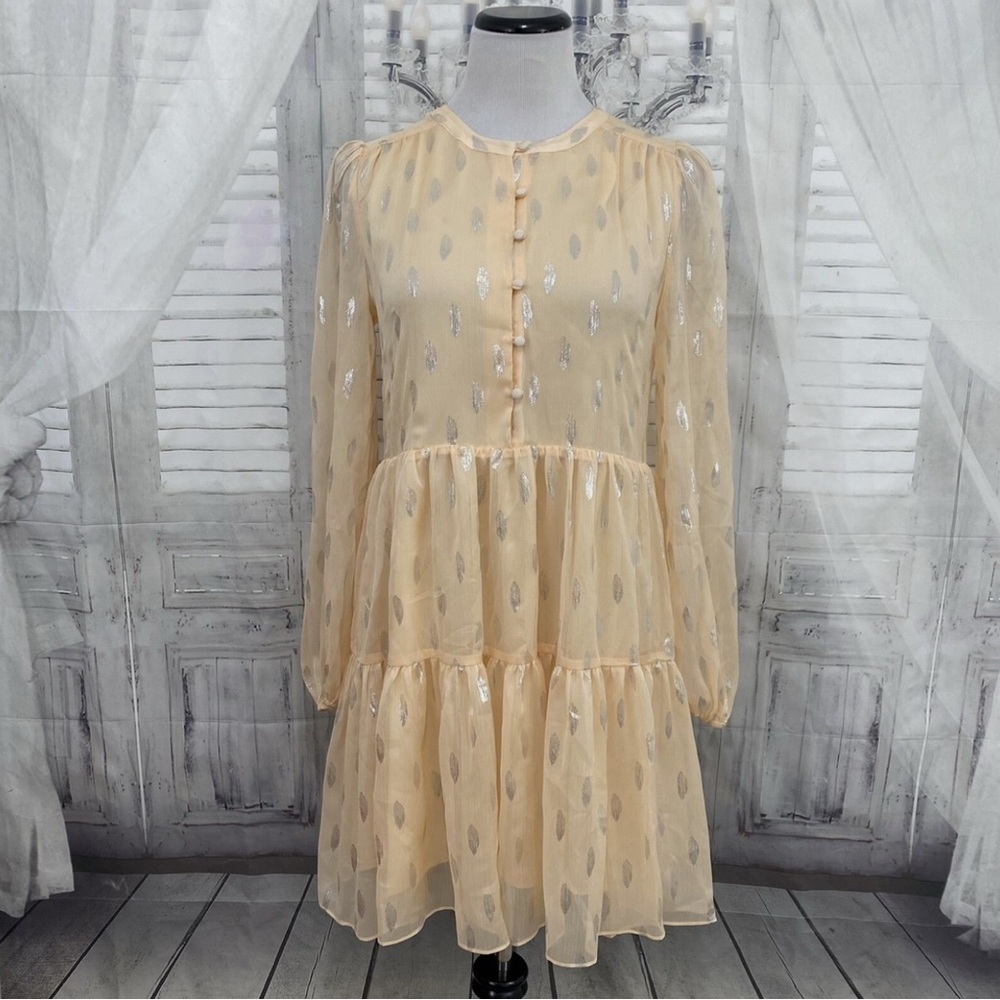 A Loves A Peach Silver Button Babydoll Mini Dress Long Sleeve NWT size Large - Picture 2 of 12
